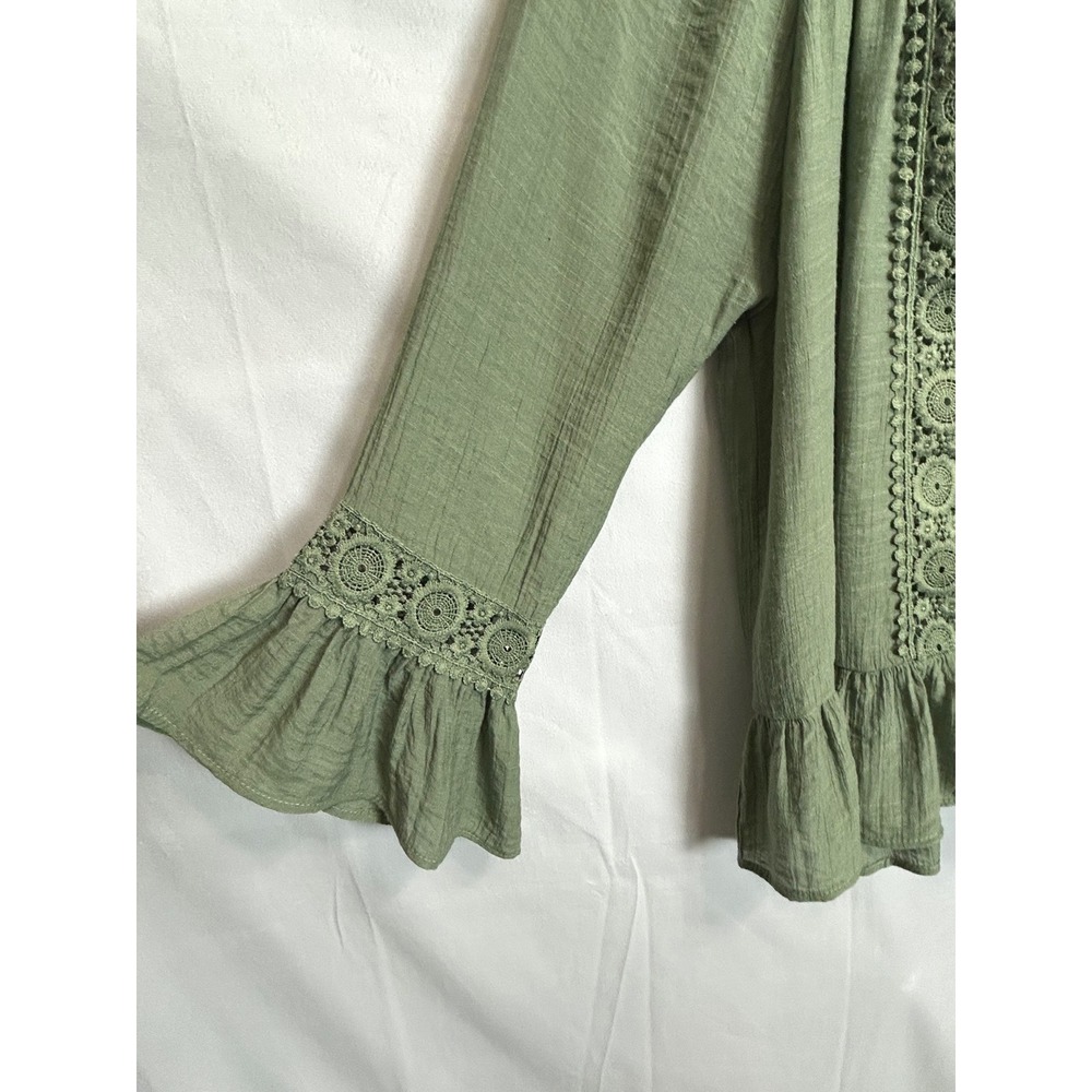 Retrology Sage Green Crochet Lace Peasant Blouse Ruffle Bell Sleeve Boho Top - Picture 9 of 9